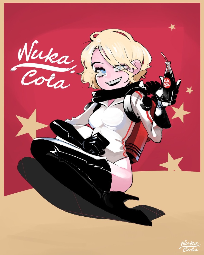 bbizim03 black_footwear black_gloves blonde_hair blue_eyes boots bottle breasts cola commentary english_commentary fallout_(series) female gloves high_heel_boots high_heels highres holding holding_bottle leotard long_sleeves looking_at_viewer medium_breasts mole mole_under_eye nuka-girl nuka_cola open_mouth short_hair simple_background solo star_(symbol) thigh_boots white_leotard