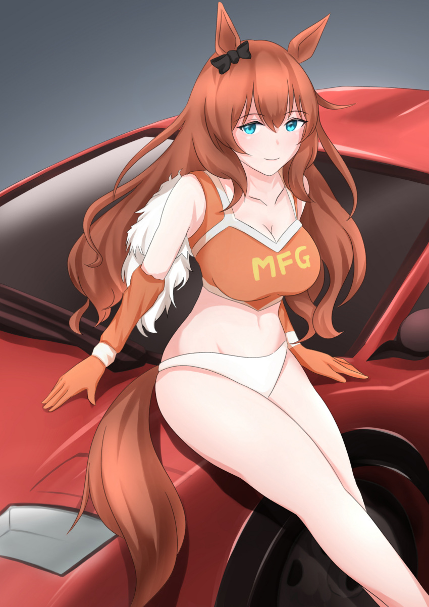 absurdres alternate_costume animal_ears aqua_eyes black_bow bow breasts brown_hair car cleavage closed_mouth commentary_request cosplay ear_bow elbow_gloves feet_out_of_frame female gloves grey_background hair_between_eyes highres horse_ears horse_girl horse_tail lamborghini lamborghini_countach large_breasts long_hair maruzensky_(umamusume) mf_ghost mfg_angels_outfit midriff motor_vehicle navel orange_gloves orange_sports_bra red_car simple_background smile solo sports_bra sports_car tail umamusume yokokura_wakaba