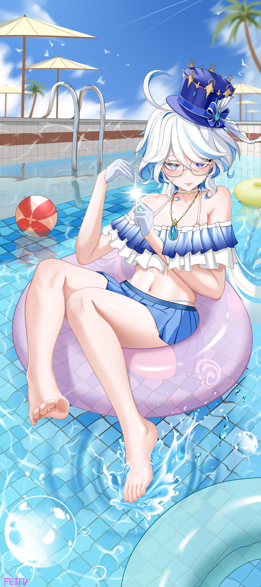 :p absurdres ahoge alternate_costume ball bare_legs bare_shoulders barefoot beachball bespectacled bikini bikini_skirt blue_bikini blue_eyes blue_hair blue_hat blue_skirt blue_sky bubble choker cloud commentary_request day feet feifu female furina_(genshin_impact) genshin_impact glasses gloves hands_up hat highres incredibly_absurdres innertube jewelry legs looking_at_viewer miniskirt multicolored_hair navel off-shoulder_bikini off_shoulder pendant pleated_skirt pool skirt sky smile solo stomach streaked_hair swim_ring swimsuit thighs toes tongue tongue_out top_hat umbrella water white_choker white_gloves white_hair