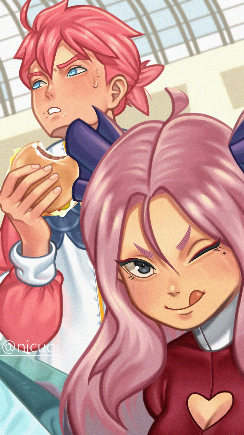 1boy absurdres black_eyes blue_eyes breasts burger cleavage cleavage_cutout clothing_cutout commentary female food hair_between_eyes hair_ornament heart_cutout highres holding holding_food jacket long_hair medium_breasts mole mole_under_eye mole_under_mouth nicuoi one_eye_closed original pink_hair red_hair short_eyebrows short_ponytail sweat twitter_username white_jacket