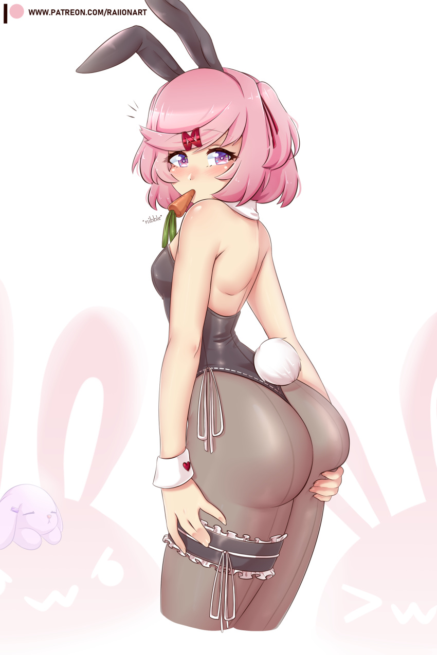 absurdres animal_ears artist_name ass ass_grab ass_support bridal_garter carrot cowboy_shot cropped_legs doki_doki_literature_club female food_in_mouth from_behind grabbing_own_ass highres leotard looking_back natsuki_(doki_doki_literature_club) pantyhose patreon_logo patreon_username pink_hair playboy_bunny rabbit_ears rabbit_tail raion_(raionart) short_hair simple_background solo standing tail web_address wrist_cuffs