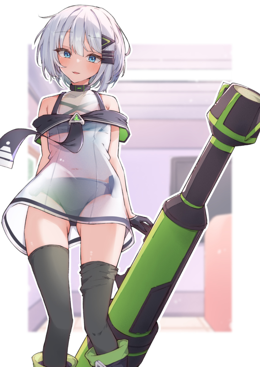 absurdres airenif anri_(neptunia) bare_shoulders black_gloves black_thighhighs blue_eyes choujigen_game_neptune_sisters_vs_sisters commission dress female flat_chest gloves hair_ornament hairclip halterneck highres looking_at_viewer navel neptune_(series) rocket_launcher see-through see-through_dress short_hair smile solo thighhighs weapon white_dress white_hair