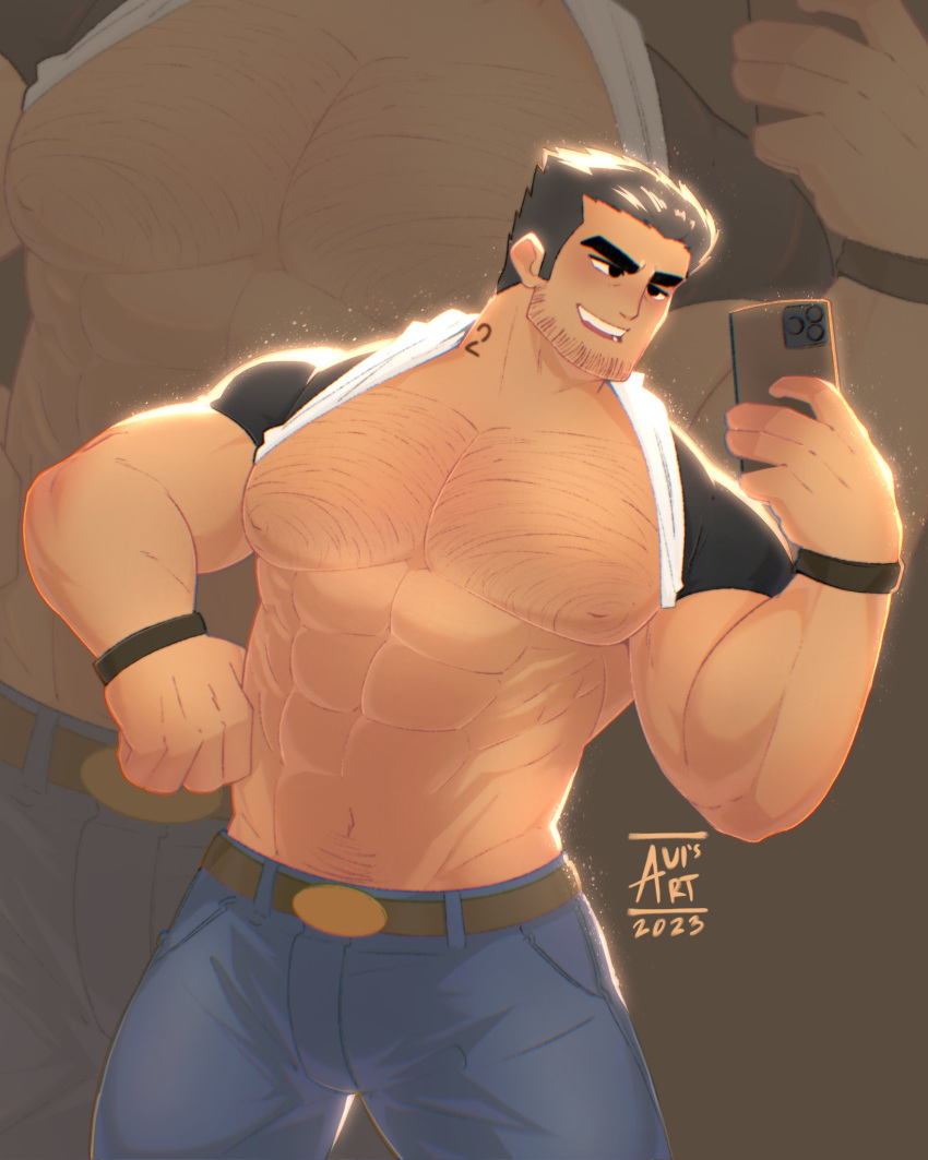 1boy abs avi_(usernames_avi) bara bare_pectorals beard_stubble belt black_hair clothes_lift cowboy_shot denim facial_hair highres holding holding_phone huge_eyebrows jeans large_pectorals looking_at_phone lucas_lee male_focus muscular muscular_male navel nipples pants pectorals phone scott_pilgrim_(series) scott_pilgrim_takes_off selfie shirt shirt_behind_neck shirt_lift short_hair short_sleeves smile solo standing stomach strongman_waist stubble t-shirt tight_clothes