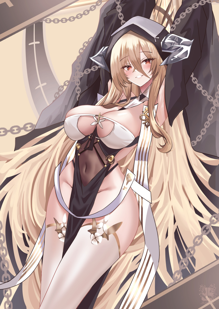 absurdly_long_hair absurdres arms_up azur_lane blonde_hair breast_cutout breasts chains cleavage covered_navel fake_horns female gloves habit hair_between_eyes half_gloves highres horns implacable_(azur_lane) large_breasts long_bangs long_hair looking_at_viewer nun pelvic_curtain red_eyes revealing_clothes seabread solo thighhighs two-tone_dress veil very_long_hair white_horns white_thighhighs