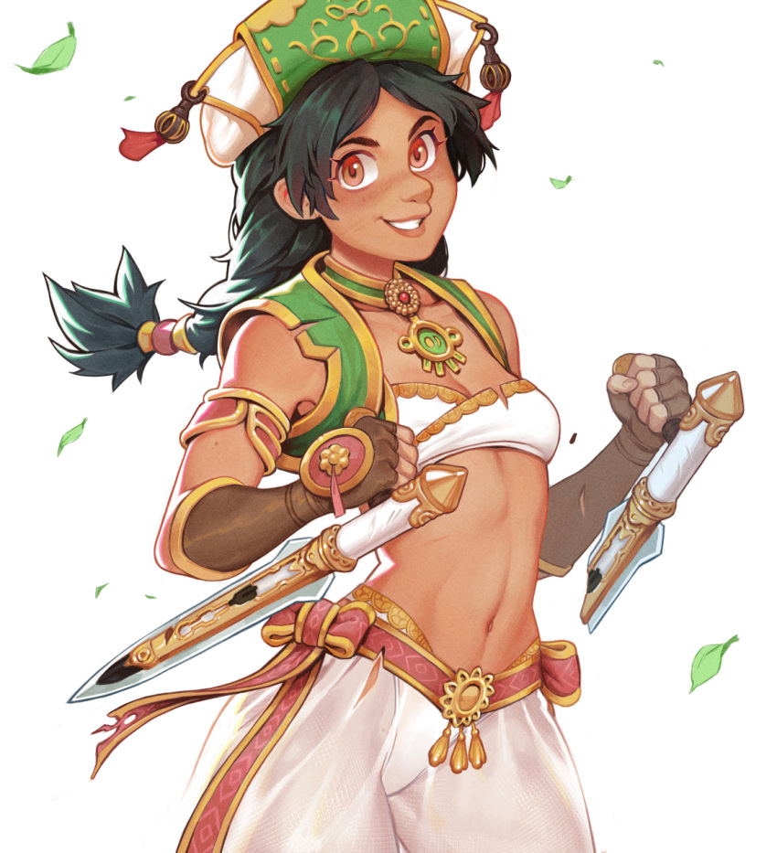 bandeau bare_shoulders black_hair bladed_tonfa braid breasts brown_eyes commentary commission dark-skinned_female dark_skin dual_wielding effy_neprin english_commentary female gloves harem_pants hat highres holding jewelry midriff navel necklace panties pants see-through small_breasts solo soulcalibur soulcalibur_iv strapless talim tonfa tube_top twin_braids twintails underwear vest weapon white_panties