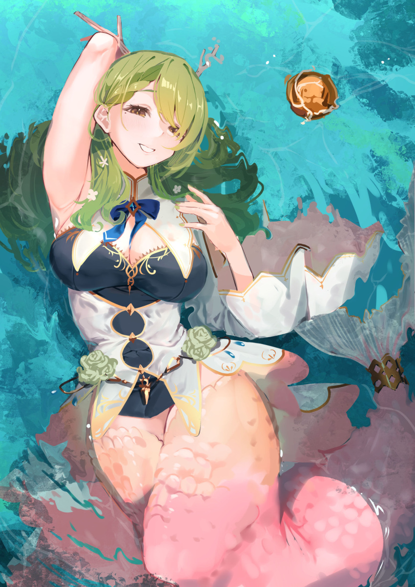 absurdres arm_up armpits blue_bow blue_bowtie blue_shirt bow bowtie braid braided_bangs breasts ceres_fauna ceres_fauna_(1st_costume) cleavage corset detached_collar female fins green_eyes green_hair hair_branch highres hololive hololive_english large_breasts long_hair looking_at_viewer lying mermaid mochiyuki_(gigfor1) mole mole_under_eye monster_girl on_back parted_bangs shirt smile solo split_tail tree_horns virtual_youtuber water