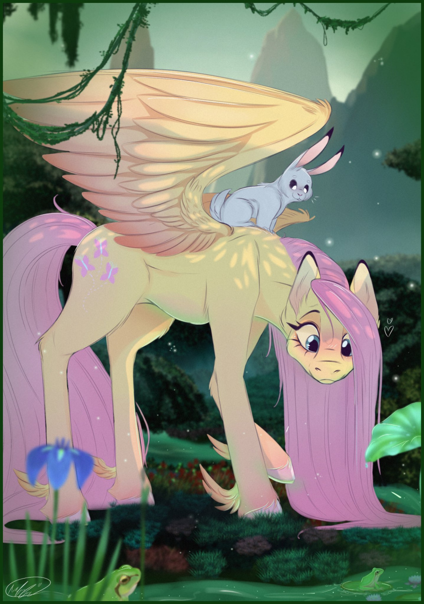 2023 ambient_frog ambiguous_gender amphibian angel_(mlp) black_ears black_eyebrows black_sclera blue_eyes blue_flower blush border cutie_mark day duo equid equine eyebrows eyelashes feathering feathers female feral flower fluttershy_(mlp) friendship_is_magic frog fur grass green_body green_border green_skin green_sky hair hasbro hi_res hooves lagomorph larger_female larger_feral leaf leporid light lighting long_hair looking_down mammal mane moss mountain multicolored_body multicolored_ears multicolored_skin my_little_pony mythological_creature mythological_equine mythology outside pegasus pink_hair pink_hooves pink_inner_ear pink_mane pink_tail plant poison_joke quadruped rabbit raised_leg riding_on_back shaded side_view signature size_difference sky smaller_ambiguous smaller_feral smile snout standing swamp sweetvixenarts tail tree two_tone_body two_tone_ears two_tone_skin unguligrade vines water white_body white_ears white_eyebrows white_eyes white_fur white_skin wings yellow_body yellow_ears yellow_feathers yellow_fur yellow_wings