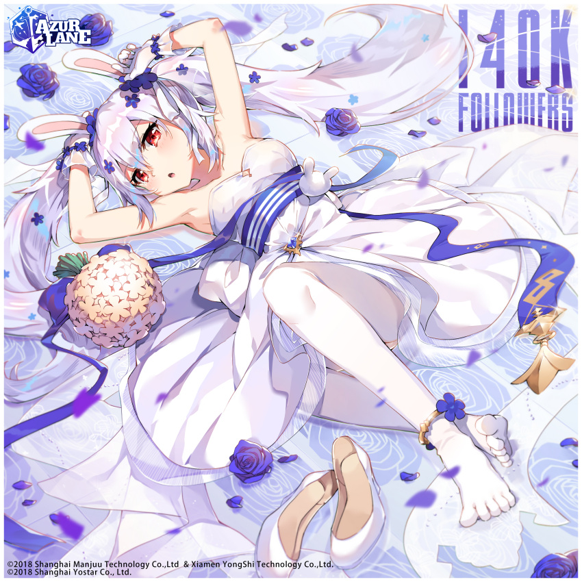 absurdres anklet azur_lane bare_shoulders blue_flower blue_ribbon blue_rose bouquet brown_flower copyright_name dress female flower flower_anklet full_body gloves hair_flower hair_ornament high_heels highres jewelry laffey_(azur_lane) laffey_(white_rabbit's_oath)_(azur_lane) long_hair looking_at_viewer lying official_alternate_costume official_art on_back open_mouth pantyhose rabbit_hair_ornament red_eyes ribbon rose second-party_source shoes sleeveless sleeveless_dress solo tsukino_(nakajimaseiki) twintails very_long_hair wedding_dress white_dress white_footwear white_gloves white_hair white_pantyhose