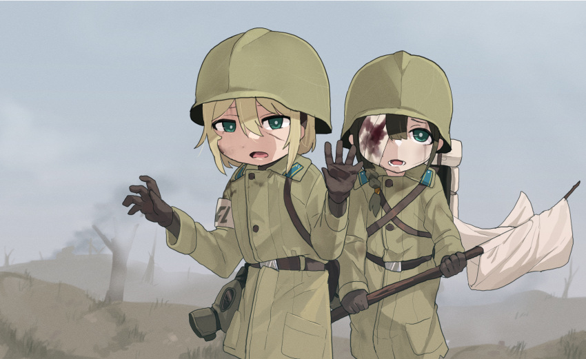 2girls armband bandage_over_one_eye bandages bare_tree belt belt_buckle black_hair blonde_hair blood blood_on_bandages blood_stain blue_eyes braid bright_pupils brown_belt buckle buttons coat collar_tabs collared_coat combat_helmet commentary_request cowboy_shot crying crying_with_eyes_open day dirt dirty dirty_clothes feet_out_of_frame flag fuka_(kantoku) gas_mask grass green_coat green_headwear grey_pupils grey_sky hair_between_eyes hair_over_shoulder hands_up helmet highres holding holding_flag long_sleeves looking_at_viewer lower_teeth_only mask medium_hair military_coat military_uniform multiple_girls open_mouth original outdoors scar scar_on_cheek scar_on_face short_hair sidelocks single_braid sky soldier standing surrendering tears teeth tree uniform unworn_mask white_armband white_pupils