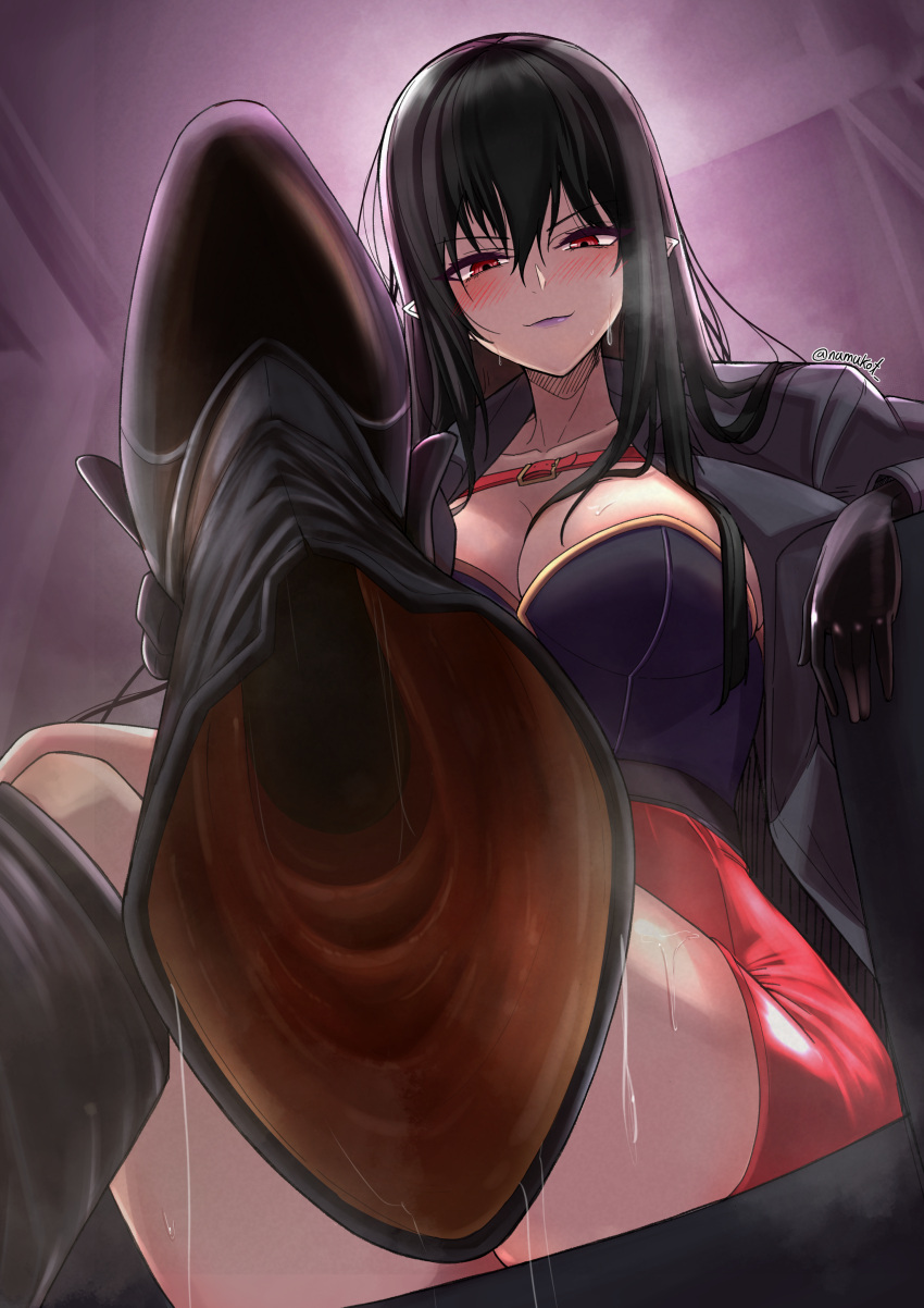 absurdres belt black_footwear black_gloves black_hair black_jacket blush breasts cleavage closed_mouth collarbone commission crossed_legs enigma_(phantom_world) eyelashes female footwear_focus foreshortening gloves gold_trim hair_between_eyes high-waist_skirt highres holding indoors jacket large_breasts long_sleeves looking_at_viewer miniskirt musaigen_no_phantom_world namukot open_clothes open_jacket pixiv_commission pointy_ears purple_background purple_lips red_belt red_eyes red_skirt shoes sitting skirt smell solo sweatdrop thighs twitter_username unworn_shoes