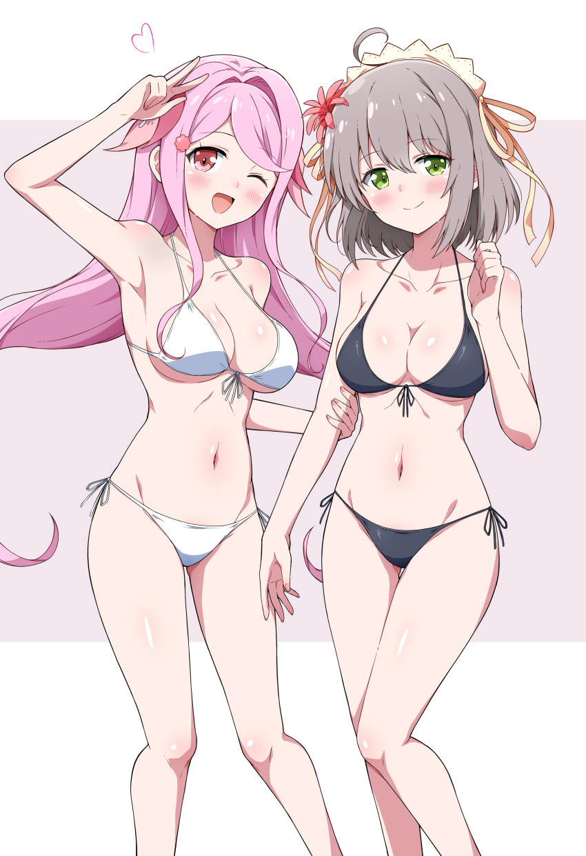 2girls :d absurdres arm_grab bare_arms bare_legs bikini black_bikini blush breasts cleavage closed_mouth collarbone commentary_request eggman_(pixiv28975023) flower flower_knight_girl green_eyes grey_hair hair_flower hair_ornament hair_ribbon highres medium_breasts multiple_girls navel one_eye_closed open_mouth pink_eyes pink_hair ribbon sangobana_(flower_knight_girl) serruria_(flower_knight_girl) side-tie_bikini_bottom smile standing swimsuit thighhighs underboob v white_bikini