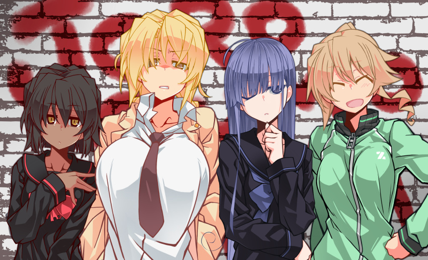 4girls black_hair blonde_hair blue_hair breasts closed_eyes closed_mouth dark-skinned_female dark_skin highres jacket kagari_rukako kaitou_reiko kakiku_keiko kazami_nobuko large_breasts long_hair long_sleeves multiple_girls necktie original oteruko_(wanabeee) school_uniform shirt short_hair track_jacket yellow_eyes