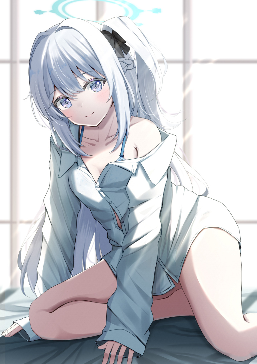 absurdres animal_ears barefoot bed blue_archive blue_eyes blue_halo blush braid breasts buttons closed_mouth collared_shirt fake_animal_ears female grey_hair halo highres indoors kamesys long_sleeves looking_at_viewer miyako_(blue_archive) one_side_up rabbit_ears shirt small_breasts smile solo thighs white_shirt