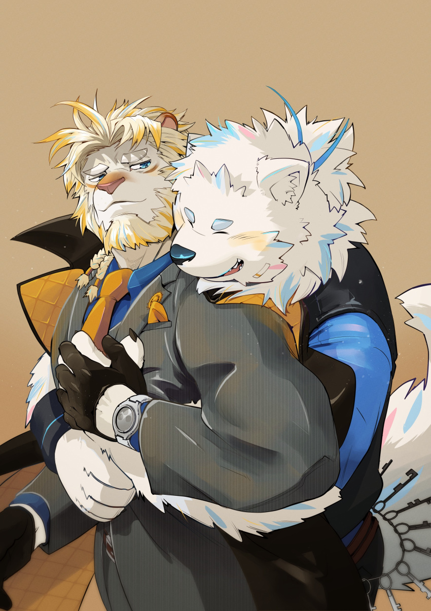 absurd_res anthro astosis belly blush canid canine canis clothing domestic_dog duo felid fur hi_res hug hugging_another hugging_from_behind inutora08 key keyring lifewonders lion live_a_hero male male/male mammal necktie nordic_sled_dog pantherine samoyed size_difference slightly_chubby spitz suit white_body white_fur yohack