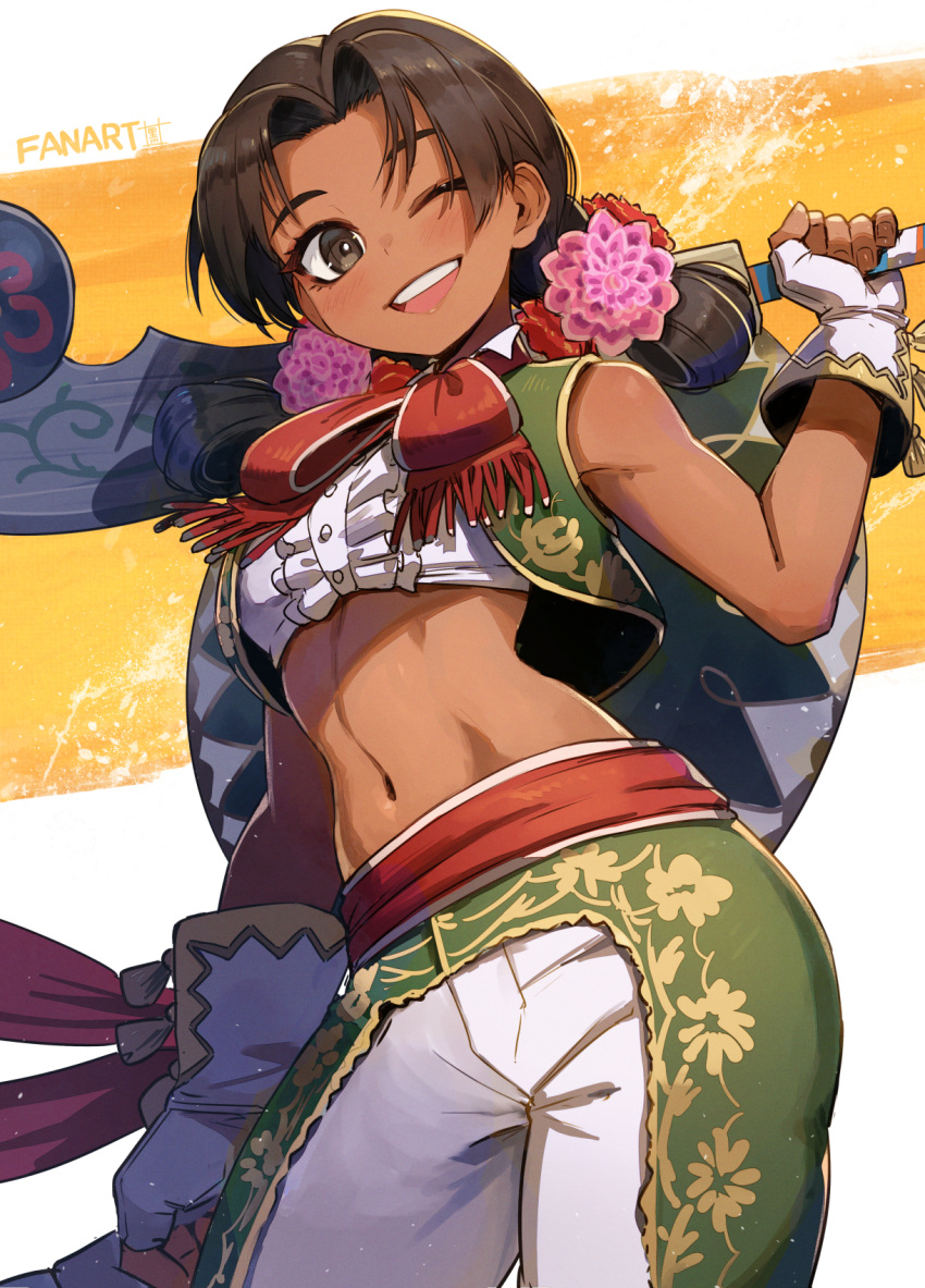 bow bowtie club_(weapon) crop_top dark-skinned_female dark_skin dual_wielding female fingerless_gloves flower gloves hair_flower hair_ornament hat highres holding kuroi_susumu lily_hawk mexican_clothes midriff navel official_alternate_costume official_alternate_hairstyle one_eye_closed open_mouth over_shoulder pogamoggan smile solo sombrero stomach street_fighter street_fighter_6 teeth twintails upper_teeth_only vest weapon weapon_over_shoulder