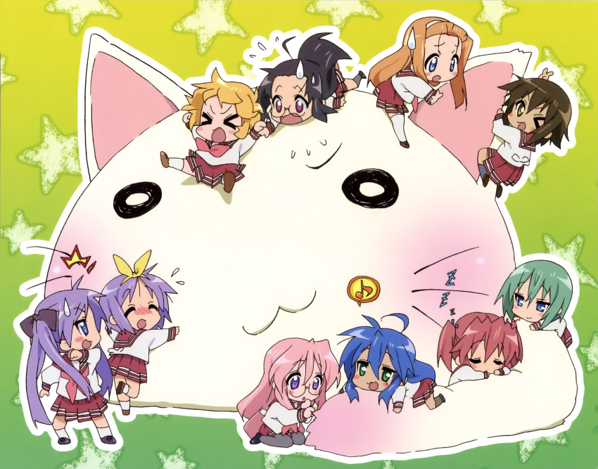 blush chibi glasses hiiragi_kagami hiiragi_tsukasa iwasaki_minami izumi_konata kobayakawa_yutaka kusakabe_misao lucky_star minegishi_ayano patricia_martin scan seifuku takara_miyuki tamura_hiyori