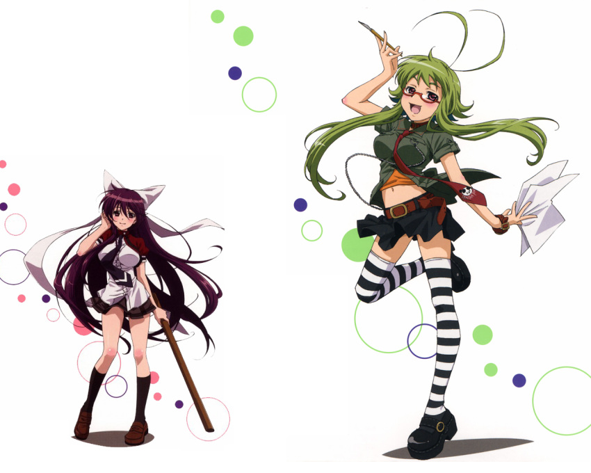 asu_no_yoichi blush glasses green_hair ikaruga_chihaya ikaruga_ibuki long_hair purple_hair short_hair thigh-highs