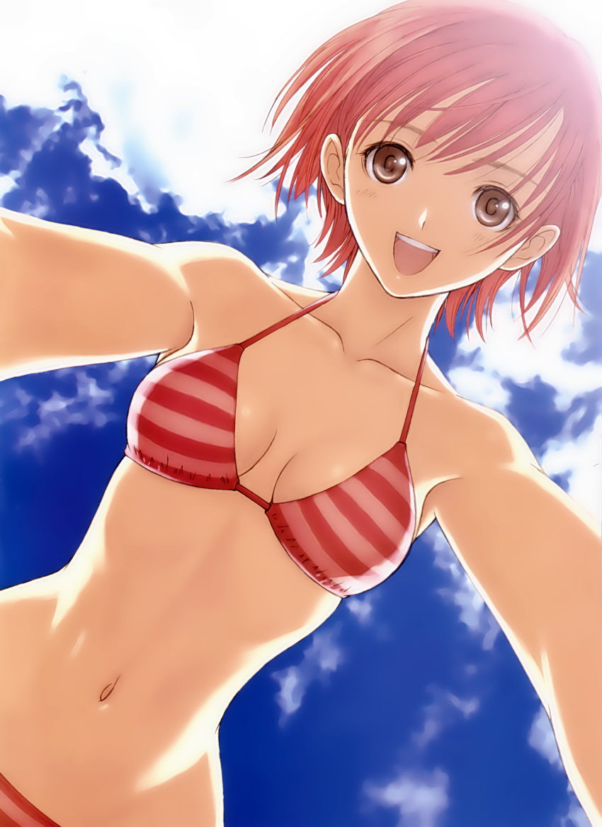 absurdres bikini blush blush cute eye_contact highres looking_at_another outdoors seena_kanon sega shining_(series) shining_tears shining_tears_x_wind shining_wind short_hair small_waist smile swimsuit taka_tony tanaka_takayuki tony_taka