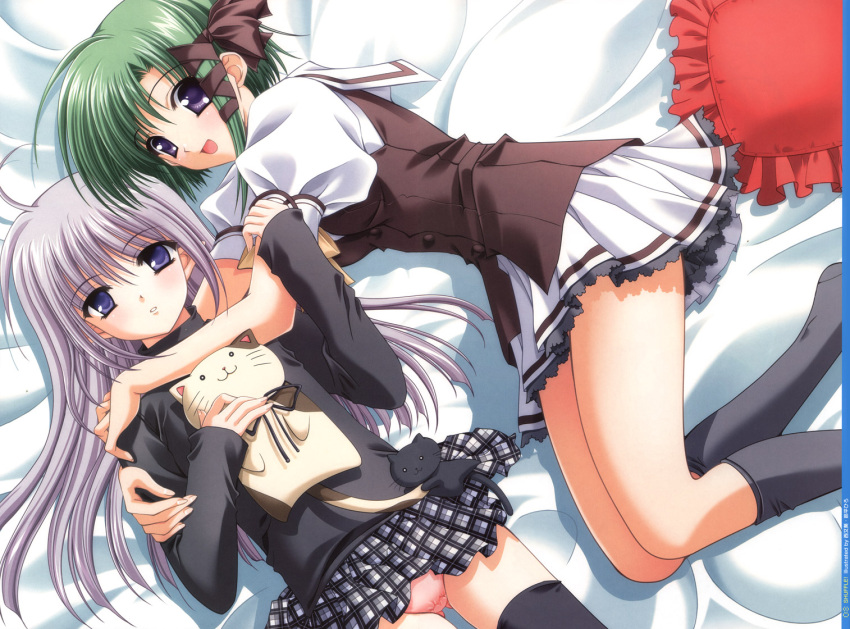 ! 26 26_episodes ahoge asa asa_shigure bed blue_eyes blush bow episodes green_hair kissing knee_highs long_hair love panties primula purple_hair ribbon seifuku sempai serie shigure short_hair shuffle shuffle! skirt television thigh_highs toy tv uniform violet_eyes