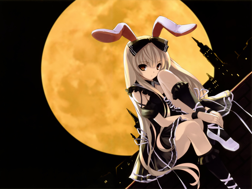 animal_ears black_socks blonde_hair bow cradle_(circle) dutch_angle female full_moon gothic_lolita hairbow highres hugging_own_legs kuroya_shinobu lolita_fashion long_hair moon night night_sky orange_eyes original rabbit_ears sitting sky socks solo very_long_hair