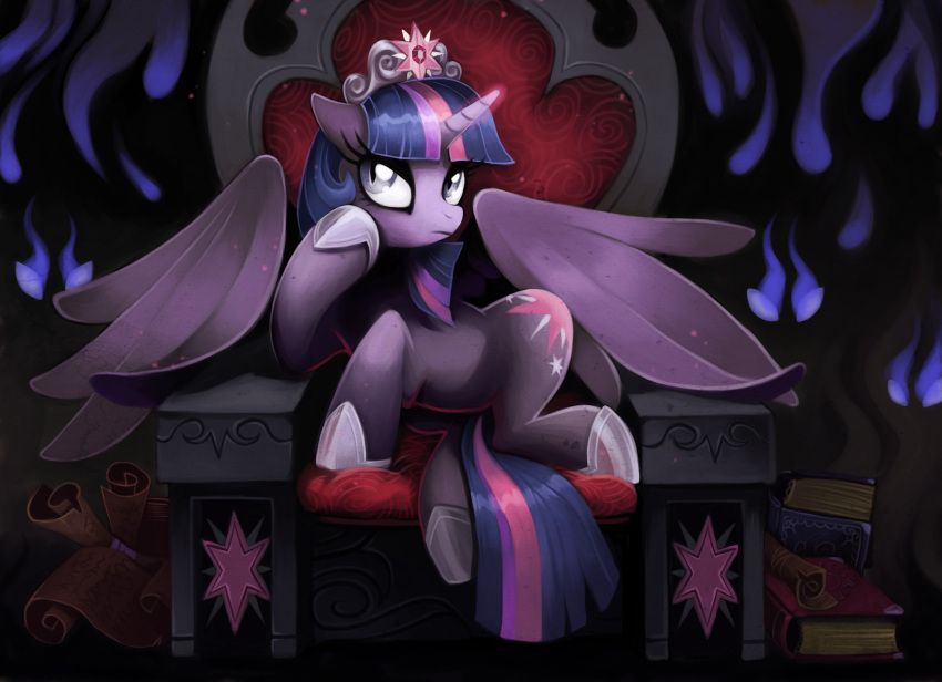 absurd_res alicorn book chair crown cutie_mark equid equine feathered_wings feathers female feral fire friendship_is_magic fur furniture grey_eyes hair hasbro headgear hi_res horn horse isseus long_hair looking_at_viewer mammal multicolored_hair my_little_pony mythological_creature mythological_equine mythology pony princess pupils purple_body purple_feathers purple_fur purple_hair rock royalty scroll sitting slit_pupils solo stone_carving stone_work throne twilight_sparkle_(mlp) two_tone_hair wings