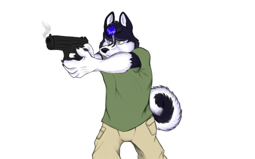 16:10 anthro canid canine canis chewfox clothing domestic_dog gun hair handgun heterochromia holding_gun holding_object holding_ranged_weapon holding_weapon husky kalus male mammal nordic_sled_dog pistol ranged_weapon simple_background solo spitz weapon white_background widescreen