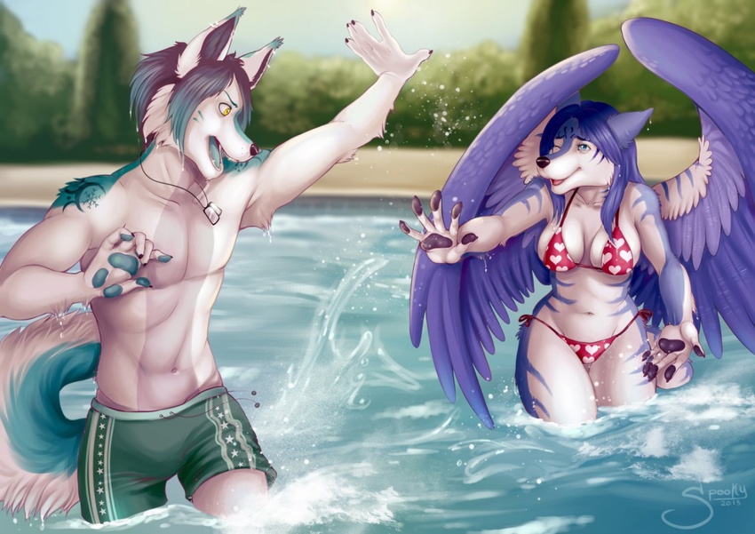 anthro artik_ninetails bikini blue_body blue_fur blue_hair breasts canid canine canis clothed clothing duo feathered_wings feathers female fox fur hair male mammal markings multicolored_hair navel open_mouth pawpads paws skimpy smile splash spookable swimming_trunks swimwear tala_(suntattoowolf) tight_clothing water white_body white_fur wings wolf yellow_eyes