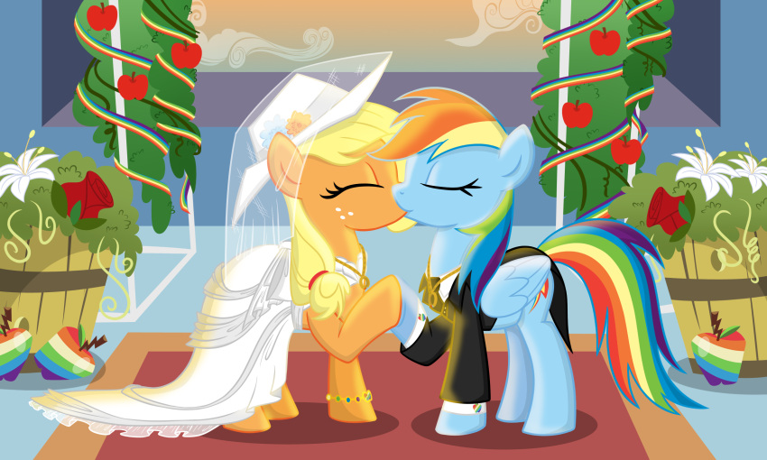 2013 5:3 apple applejack_(mlp) black_tie_(suit) blonde_hair blue_body blue_feathers blue_fur bracelet closed_eyes clothing cowboy_hat cutie_mark digital_media_(artwork) dress duo earth_pony equid equine feathered_wings feathers female female/female feral flower food freckles friendship_is_magic fruit fur hair hasbro hat headgear headwear hi_res horse jewelry kiss_on_lips kissing mammal multicolored_hair multicolored_tail my_little_pony mythological_creature mythological_equine mythology necklace necktie pegasus plant pony rainbow_dash_(mlp) rainbow_hair rainbow_tail romantic romantic_ambiance romantic_couple rose_(flower) sketchyjackie suit tail wedding wedding_dress wedding_veil wings zap_apple