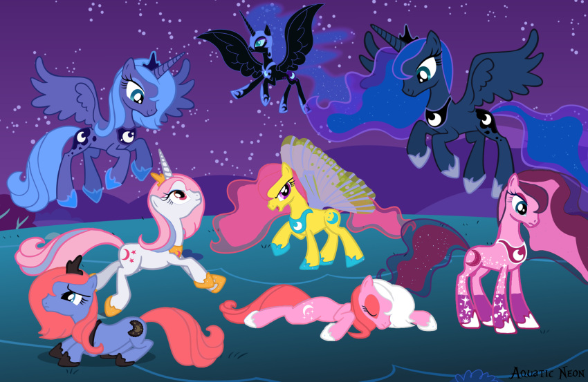 2012 alicorn aquaticneon blue_body blue_fur crown cutie_mark equid equine feathered_wings feathers female feral friendship_is_magic fur group hair hasbro headgear hi_res horn mammal midnight_dream_(mlp) mlp_g1 mlp_g2 mlp_g3 moon_shadow_(mlp) moondancer_(mlp_g1) multicolored_hair my_little_pony my_little_pony_'n_friends mythological_creature mythological_equine mythology night nightmare_moon_(mlp) on_model outside past_meets_present pink_body pink_fur pre-g4 princess princess_luna_(mlp) princess_sapphire_(mlp) royalty square_crossover starry_wings_(mlp) style_emulation two_tone_hair unicorn windy_wing_pony wing_pony_(mlp) wings