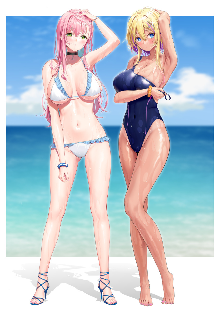 2girls alternate_costume arm_behind_head arm_up armpits ass_visible_through_thighs azur_lane bare_arms bare_legs bare_shoulders barefoot bead_bracelet beads bikini black_choker blonde_hair blue_eyes blue_one-piece_swimsuit bracelet breasts breasts_apart choker cleavage commentary_request competition_swimsuit covered_navel feet frilled_bikini frills full_body green_eyes hair_in_own_mouth hair_ornament hairclip halterneck high_heels highleg highleg_swimsuit highres jewelry large_breasts long_hair looking_at_viewer marblehead_(azur_lane) memphis_(azur_lane) multicolored_hair multiple_girls nail_polish navel one-piece_swimsuit parted_lips pink_hair pink_nails silveroid skindentation spaghetti_strap standing stomach strap_slip streaked_hair string_bikini swimsuit tan thighs toenail_polish toenails toes wet white_bikini