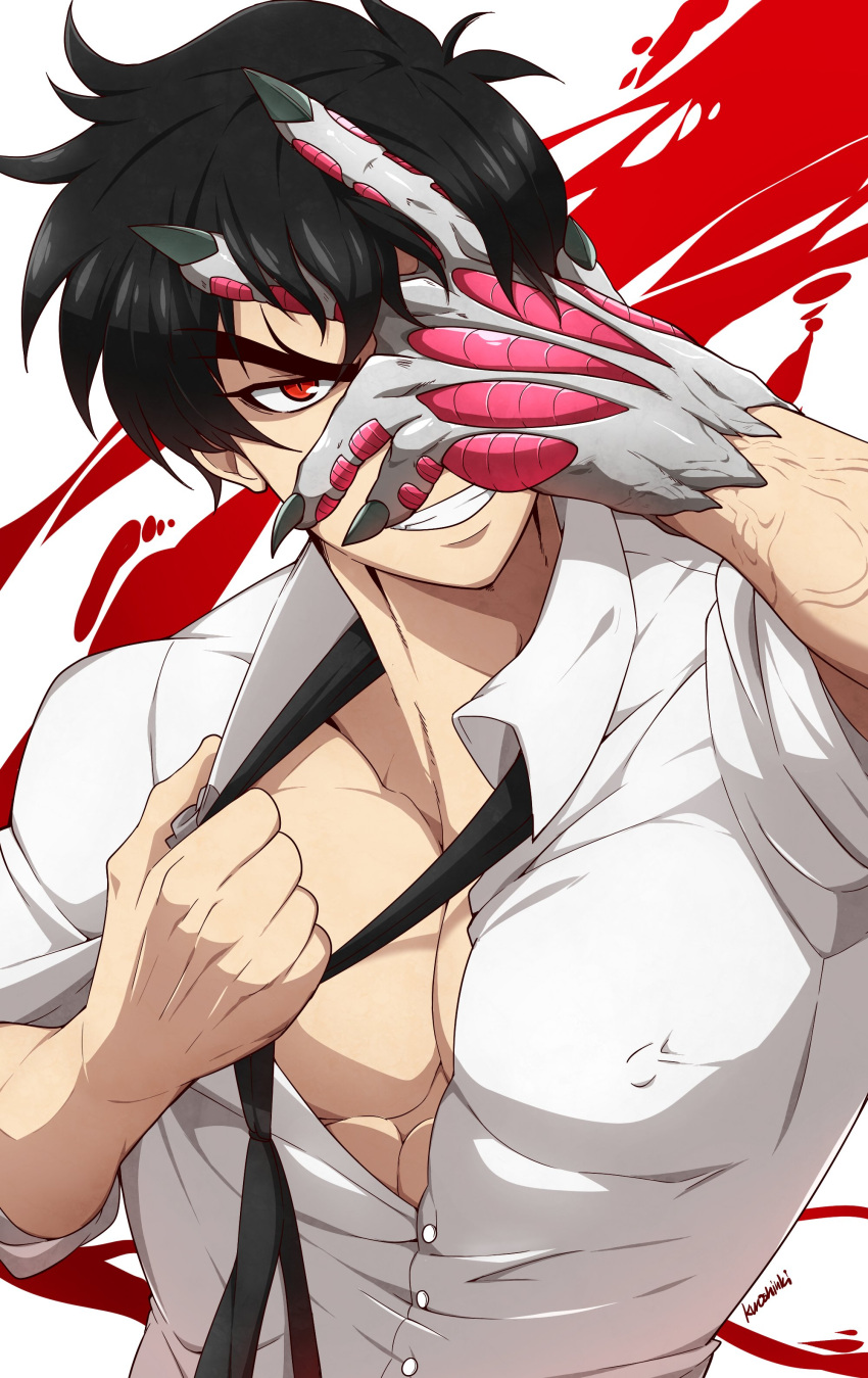 1boy absurdres artist_name bara black_hair collared_shirt covered_nipples covering_face highres jigoku_sensei_nube kuroshinki large_pectorals looking_at_viewer male_focus muscular muscular_male necktie nueno_meisuke pectorals red_eyes shirt short_hair smile solo teeth upper_body white_shirt