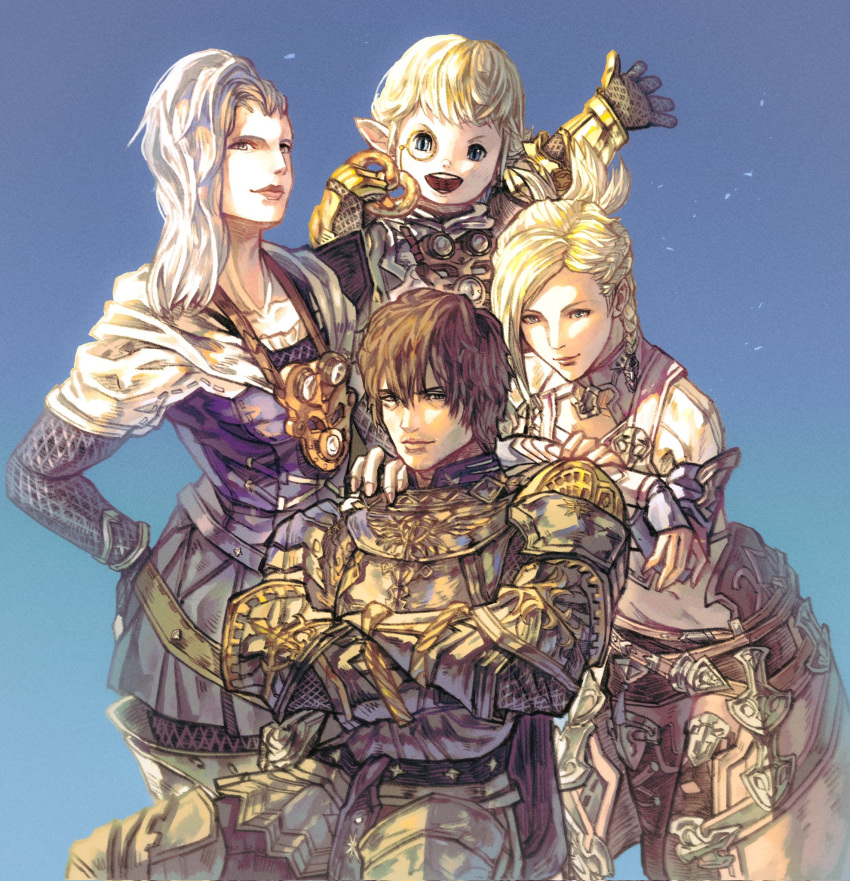 2boys 2girls adventurer_(ff14) armor asymmetrical_hair bimel_isabella blonde_hair blue_eyes braid final_fantasy final_fantasy_xiv gloves highres hyur lalafell lips long_hair looking_at_viewer minfilia_warde moenbryda_wilfsunnwyn monocle multiple_boys multiple_girls open_mouth paladin_(final_fantasy) papalymo_totolymo pointy_ears roegadyn short_hair side_braids sidecut undercut warrior_of_light_(ff14) white_hair yellow_eyes