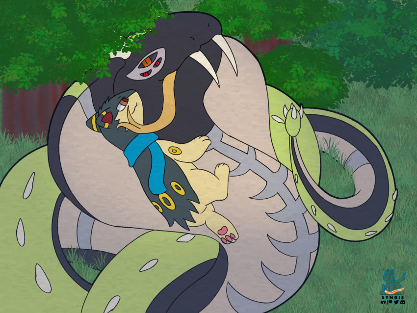 2023 4:3 cuddling eeveelution forest generation_2_pokemon hi_res hybrid_pokemon male nintendo plant pokemon pokemon_(species) quilava reptile scalie snake synge syngie tree umbreon