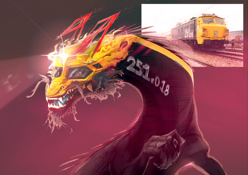 absurd_res alpha-thunder ambiguous_gender barbel_(anatomy) beard black_body blonde_mane claws countershade_face countershading dragon eastern_dragon facial_hair feral flesh_whiskers grupo_caf headlights hi_res how_to_dragon_your_train hybrid living_train locomorph locomotive mane mitsubishi multicolored_body mythological_creature mythological_scalie mythology pantograph paws public_transportation railway reference_image renfe scalie sharp_teeth solo spanish teeth train two_tone_body vehicle