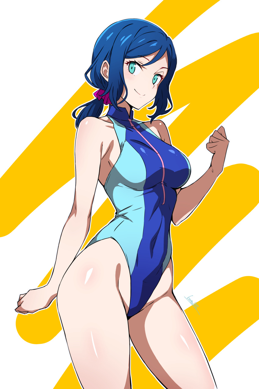 absurdres batta_16-sei blue_hair blue_one-piece_swimsuit breasts commentary competition_swimsuit female green_eyes gundam gundam_build_fighters highleg highleg_swimsuit highres iori_rinko large_breasts long_hair looking_at_viewer mature_female one-piece_swimsuit ponytail solo swimsuit two-tone_swimsuit