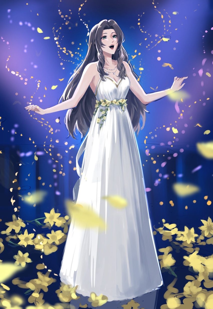 aerith_gainsborough aerith_gainsborough_(white_floral_dress) brown_hair dress dress_flower female final_fantasy final_fantasy_vii final_fantasy_vii_rebirth final_fantasy_vii_remake flower green_eyes highres jewelry kivavis long_dress long_hair music necklace official_alternate_costume official_alternate_hairstyle open_mouth petals singing smile solo strapless strapless_dress white_dress yellow_flower