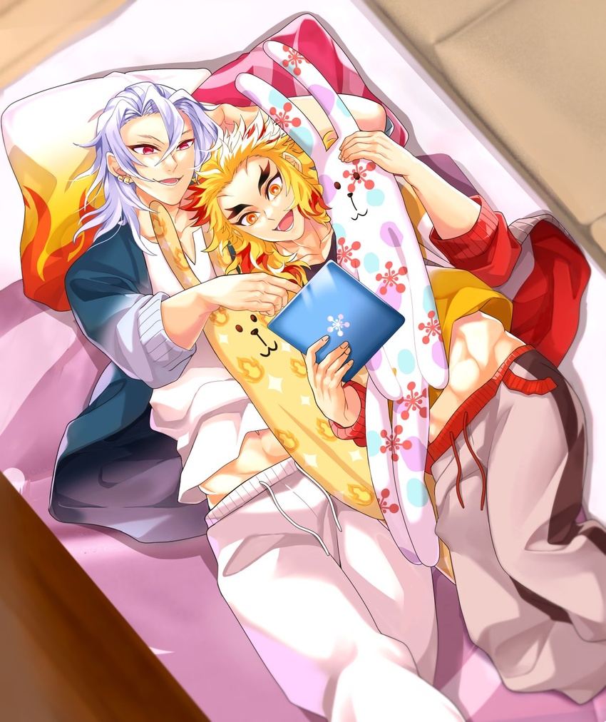 2boys blonde_hair grey_pants highres jacket kimetsu_no_yaiba kina_izu long_sleeves male_focus midriff multicolored_clothes multicolored_hair multicolored_jacket multiple_boys muscular muscular_male navel open_clothes open_mouth open_shirt orange_eyes pants pillow red_eyes red_hair rengoku_kyoujurou shirt short_hair stomach stuffed_toy sweater_jacket tongue uzui_tengen white_hair white_pants white_shirt yaoi