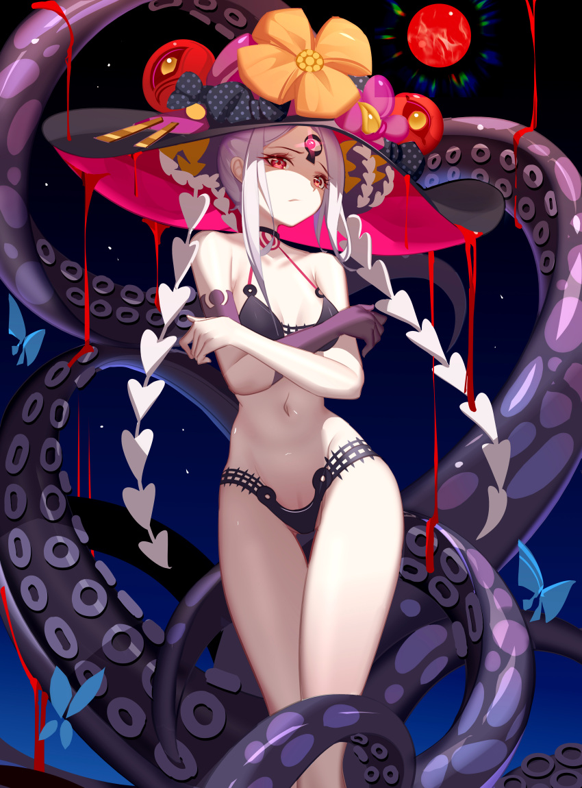 abigail_williams_(fate) abigail_williams_(swimsuit_foreigner)_(fate) abigail_williams_(swimsuit_foreigner)_(first_ascension)_(fate) absurdres bare_legs bare_shoulders bikini black_bikini black_bow black_hat bow breasts bug butterfly collarbone colored_skin corruption dark_persona double_bun fate/grand_order fate_(series) female forehead glowing glowing_eye hair_bun hairbow hat highres keyhole long_hair looking_at_viewer luai medium_breasts navel official_alternate_costume official_alternate_eye_color orange_bow parted_bangs possessed red_eyes red_hat sidelocks solo sun_hat swimsuit tentacle thighs third_eye twintails two-tone_headwear very_long_hair white_hair white_skin yog-sothoth