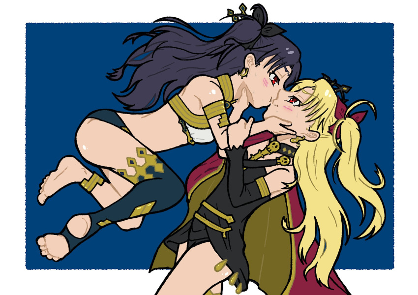 2girls am0930 armlet asymmetrical_legwear asymmetrical_sleeves bikini black_hair black_tiara blonde_hair blush cape cloak earrings ereshkigal_(fate) eye_contact fate/grand_order fate_(series) hand_on_another's_arm hand_on_another's_face headpiece highres hoop_earrings incest ishtar_(fate) jewelry kissing long_hair looking_at_another mismatched_bikini multiple_girls neck_ring parted_bangs red_cape red_eyes siblings single_thighhigh sisters skull struggling sweatdrop swimsuit thighhighs tiara two-sided_cloak two-sided_fabric uneven_legwear uneven_sleeves yellow_cloak yuri