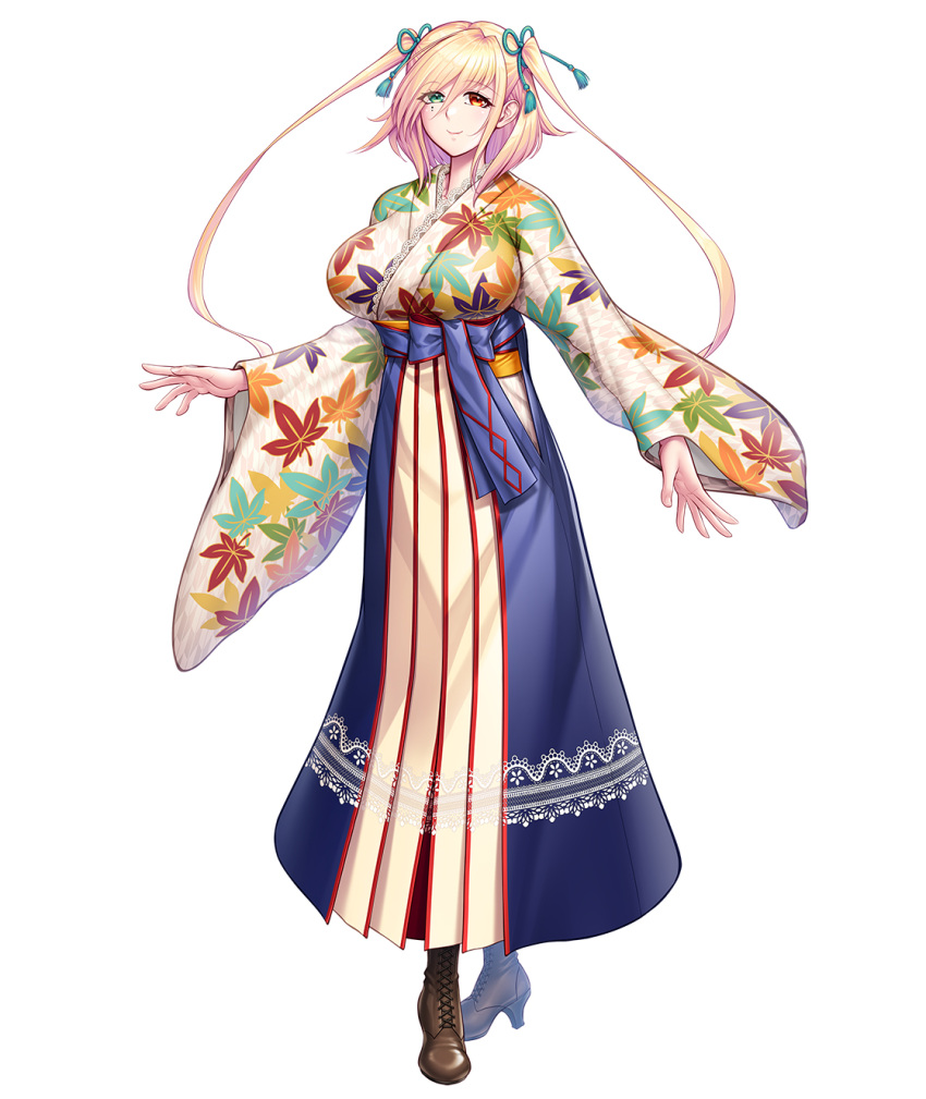 blonde_hair blue_hakama boots breasts female floral_print full_body green_eyes hair_ribbon hakama heterochromia high_heel_boots high_heels highres japanese_clothes kimono large_breasts long_hair looking_at_viewer mole mole_under_eye official_art orange_eyes ribbon second-party_source shinganji_kaede smile solo taimanin_(series) taimanin_rpgx twintails white_background zol