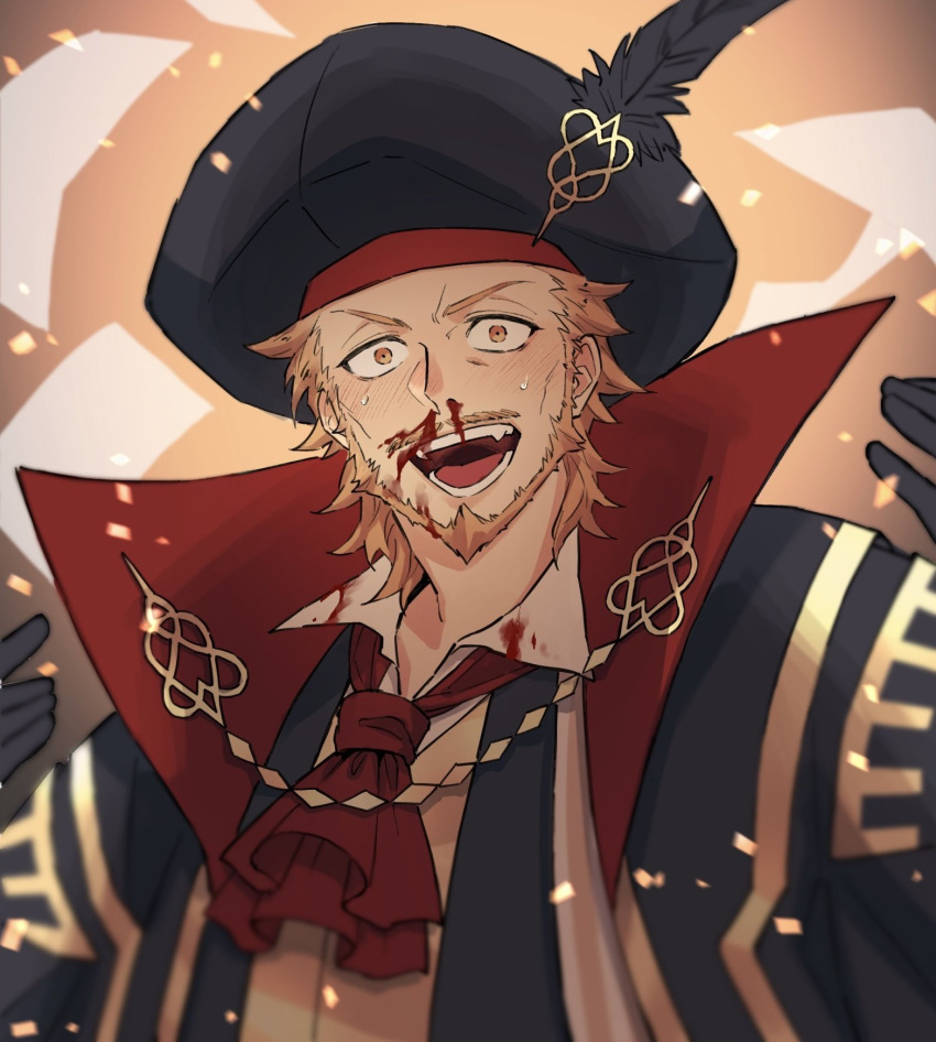 1boy ascot beard black_gloves black_headwear black_jacket blood blood_on_clothes brown_eyes brown_hair cheekbones collared_shirt facial_hair fate/grand_order fate_(series) full_beard gloves hat_feather high_collar highres itokon300 jacket male_focus moustache nosebleed open_mouth red_ascot shirt solo sweatdrop teeth white_shirt william_shakespeare_(fate)