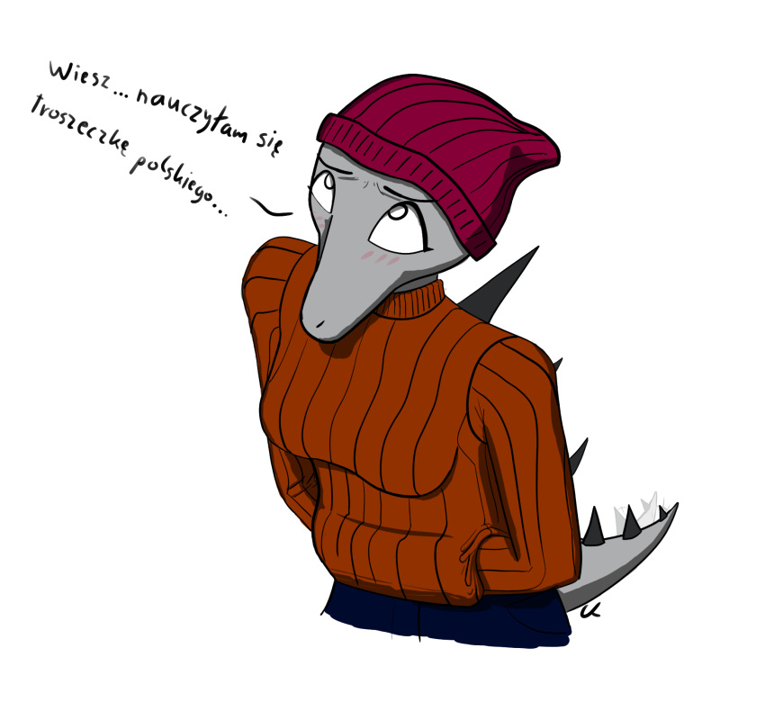 anthro beanie blush breasts cavemanon_studios clothed clothing dialogue dinosaur erin_(snoot_game) extinct female grey_body grey_scales hand_in_pocket hat headgear headwear hi_res long_tail looking_up pockets polish_text prehistoric_species reptile scales scalie simple_background snoot_game snout solo spiked_back spiked_tail spikes spikes_(anatomy) sweater tail text topwear translated