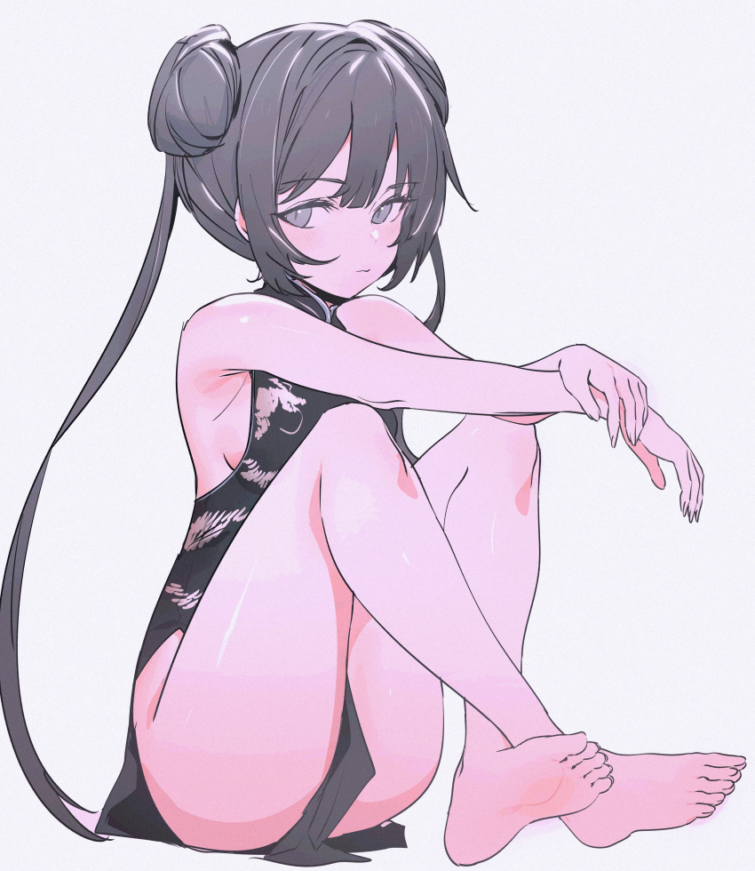 absurdres armpit_crease bare_arms bare_legs bare_shoulders barefoot black_dress black_hair blue_archive blush breasts china_dress chinese_clothes crossed_ankles crossed_wrists ddari double_bun dragon_print dress elbows_on_knees expressionless feet female green_eyes hair_bun highres kisaki_(blue_archive) knees_up legs long_hair looking_at_viewer pelvic_curtain petite print_dress side_slit sideboob sideways_glance simple_background sitting sleeveless sleeveless_dress small_breasts soles solo toenails toes twintails white_background