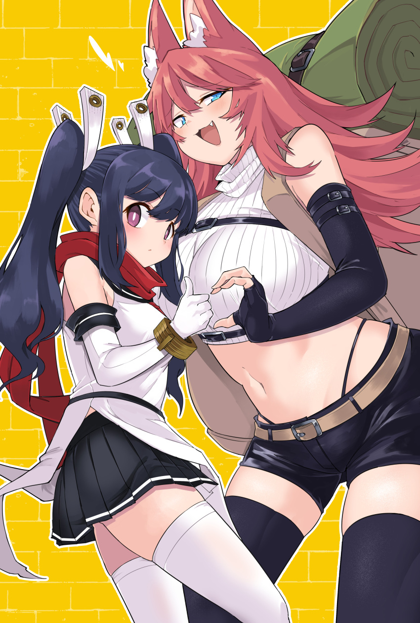 2girls :d absurdres animal_ears backpack bag bare_shoulders belt black_hair black_shorts black_thighhighs blue_eyes bracelet breasts crop_top elbow_gloves expressionless fingerless_gloves firo_(shiboritoranaide_onna_shounin-san) genderswap_(mtf) gloves hair_ornament half-heart_hands heart heart_hands heart_hands_duo heart_hands_failure highres jewelry midriff multiple_girls navel oerba_yun_fang pink_hair pleated_skirt purple_eyes rabi_(shiboritoranaide_onna_shounin-san) rule_63 shiboritoranaide_onna_shounin-san shorts shun_soku skirt smile thighhighs thumbs_up twintails white_thighhighs yellow_background