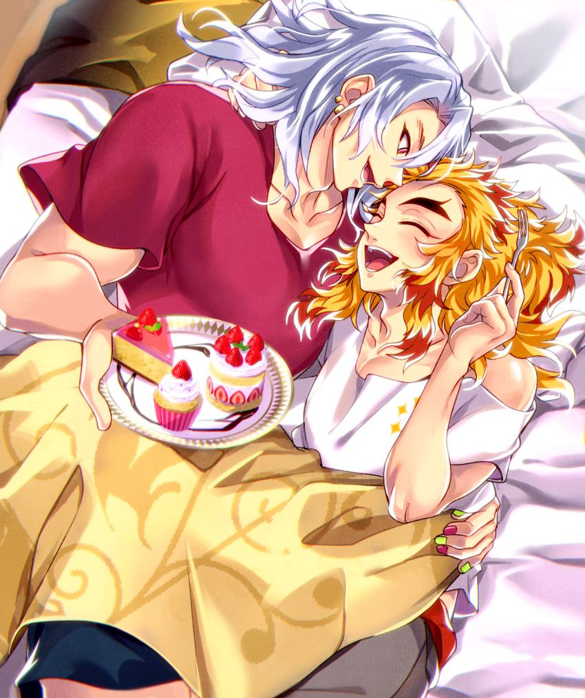 2boys bare_shoulders blanket blonde_hair cake closed_eyes cupcake food grey_hair grey_pants highres kimetsu_no_yaiba kina_izu lying male_focus multicolored_hair multiple_boys open_mouth orange_hair pants pillow red_hair red_shirt rengoku_kyoujurou shirt shorts t-shirt tongue uzui_tengen white_hair white_shirt yaoi