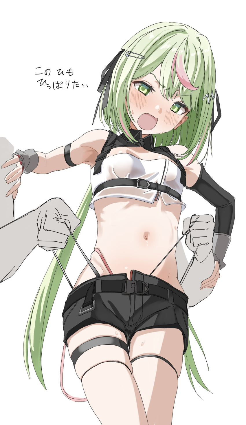 1other absurdres black_shorts blush breasts commentary_request cowboy_shot female green_eyes green_hair highleg highleg_panties highres hinokuma_ran long_hair low_twintails medium_bangs midriff mog_mog_garyou multicolored_hair nanashi_inc. navel open_mouth panties panty_pull pink_hair short_shorts shorts simple_background small_breasts solo_focus strapless streaked_hair thigh_strap translated tube_top twintails two-tone_hair underwear virtual_youtuber wedgie white_background white_tube_top