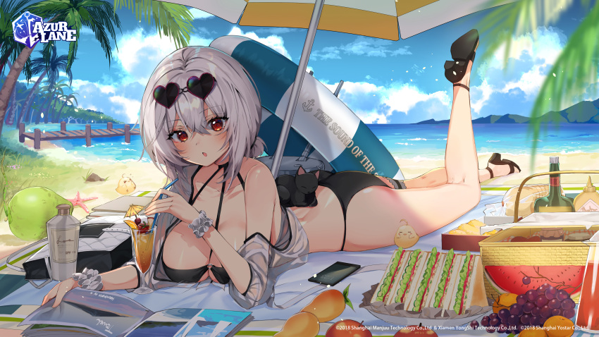 absurdres animal apple ass azur_lane bag bare_shoulders beach beach_mat bikini bird black_bikini black_cat black_footwear bottle breasts cellphone chick cleavage cloud cup day drinking_glass drinking_straw eyewear_on_head feline female food fruit grapes grey_hair hair_between_eyes halterneck heart heart-shaped_eyewear highres innertube kneepits ku-ini large_breasts leg_up looking_at_viewer lotion_bottle lying magazine_(object) mango manjuu_(azur_lane) ocean off_shoulder official_alternate_costume official_art on_stomach outdoors palm_tree parted_lips phone picnic_basket pier red_eyes sand sandals sandwich scrunchie second-party_source see-through shade short_hair sirius_(azur_lane) sirius_(scorching-hot_seirios)_(azur_lane) smartphone solo sunglasses sunlight swim_ring swimsuit thighs tree tropical_drink turret water watermark wrist_scrunchie