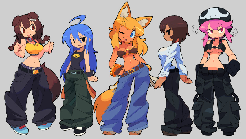 5girls :p absurdres ahoge alternate_costume animal_collar animal_ears azumanga_daiou bacun baggy_pants bandeau bangle belt blue_hair bone_hair_ornament bracelet braid breasts brown_hair cartoon_bone chest_harness collar commentary crossover dark-skinned_female dark_skin denim dog_ears dog_girl dog_tail english_commentary extra_ears fingerless_gloves full_body gloves hair_ornament hand_on_own_hip harness hat highres hololive holster inugami_korone izumi_konata jakuzure_nonon jeans jewelry kagura_(azumanga_daioh) kill_la_kill large_breasts liru long_hair low_twin_braids lucky_star midriff mole mole_under_eye multiple_crossover multiple_girls navel nudist_beach_uniform o-ring o-ring_top oerba_yun_fang one_eye_closed open_mouth pants panty_straps pink_hair puff_of_air red_eyes renkin_san-kyuu_magical_pokaan short_hair shoulder_holster simple_background skull_print small_breasts standing studded_bracelet sweatdrop tail tan tank_top tongue tongue_out twin_braids twintails utility_belt virtual_youtuber wolf_ears wolf_girl wolf_tail wristband