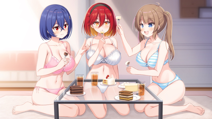 3girls amane_(senran_kagura) barefoot bedroom blue_eyes blush breasts brown_hair cake cleavage drink food fork glass hair_ornament hairband hairclip highres indoors kageira kureha_(senran_kagura) large_breasts minori_(senran_kagura) multicolored_hair multiple_girls navel open_mouth orange_eyes orange_hair panties red_eyes red_hair revision senran_kagura sleepover smile striped_clothes striped_panties twintails underwear