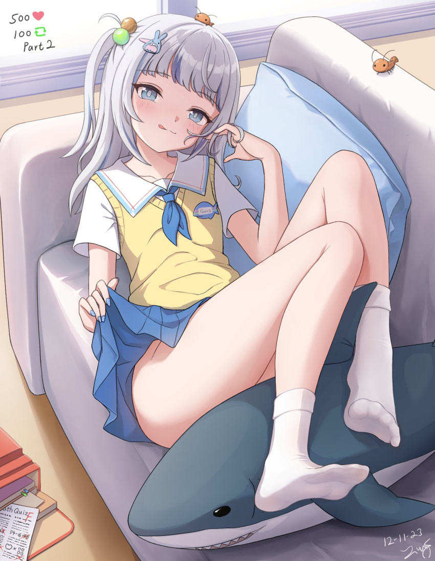 backpack bag blue_eyes blue_hair blue_nails blue_skirt blush breasts clothes_lift collared_shirt dorsiflexion ebi-chan_(gawr_gura) feet female gawr_gura gawr_gura_(school_uniform) grey_hair hair_ornament highres hololive hololive_english legs lifting_own_clothes looking_at_viewer medium_hair multicolored_hair nail_polish no_shoes official_alternate_costume one_side_up petite rabbit_hair_ornament randoseru red_bag shirt skirt skirt_lift small_breasts smile socks soles streaked_hair stuffed_animal stuffed_shark stuffed_toy toes tongue tongue_out vest virtual_youtuber white_socks yellow_vest zeng$_(zwj)